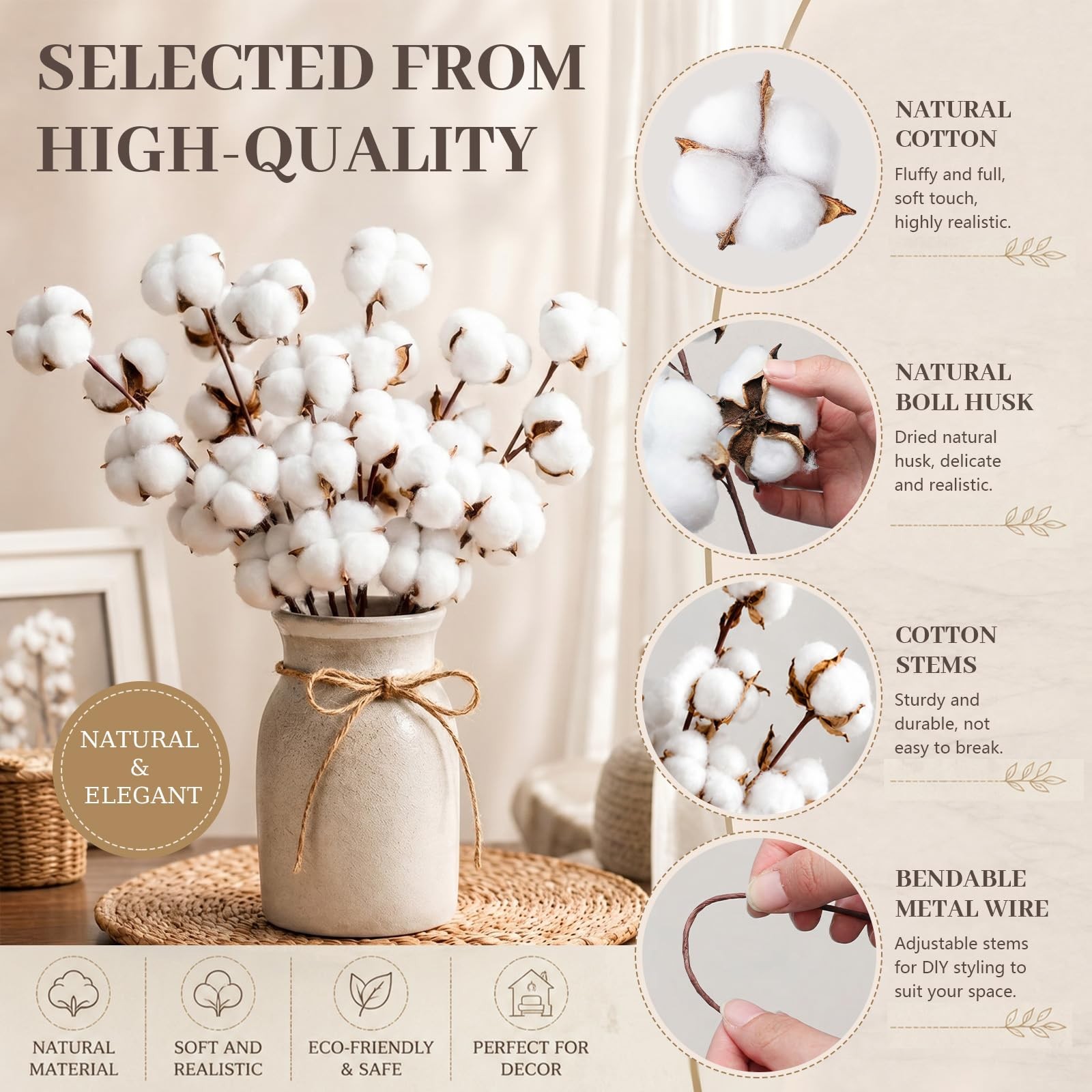 24 Pcs Natural Cotton Stems with 45 Bolls, 16″ Clean Dried Cotton Branches 3 …