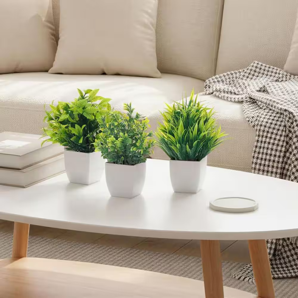 Small Artificial Greenery Plants in White Pot Garden Statue , 4-Pack