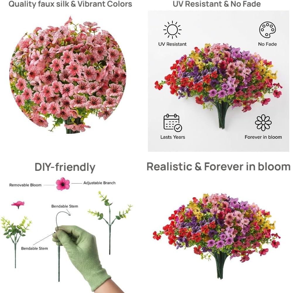 Artificial Outdoor Flowers UV Resistant Fake Plants Greenery 12 Bundles Faux