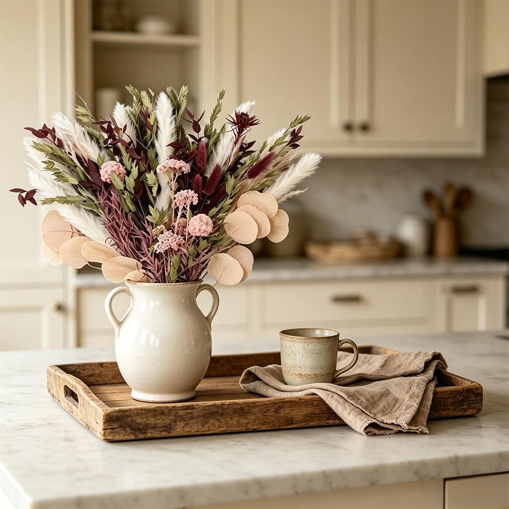 Blush Pink & Burgundy Dried Flower Bouquet, Cream Pampas Grass with Sage Gree…