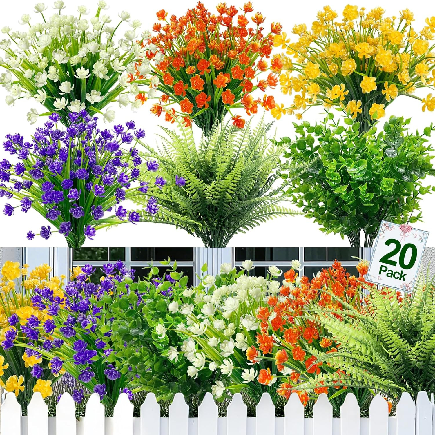 20 Bundles Artificial Flowers for Outdoors, Summer Spring Grass Camellia Fake Fl