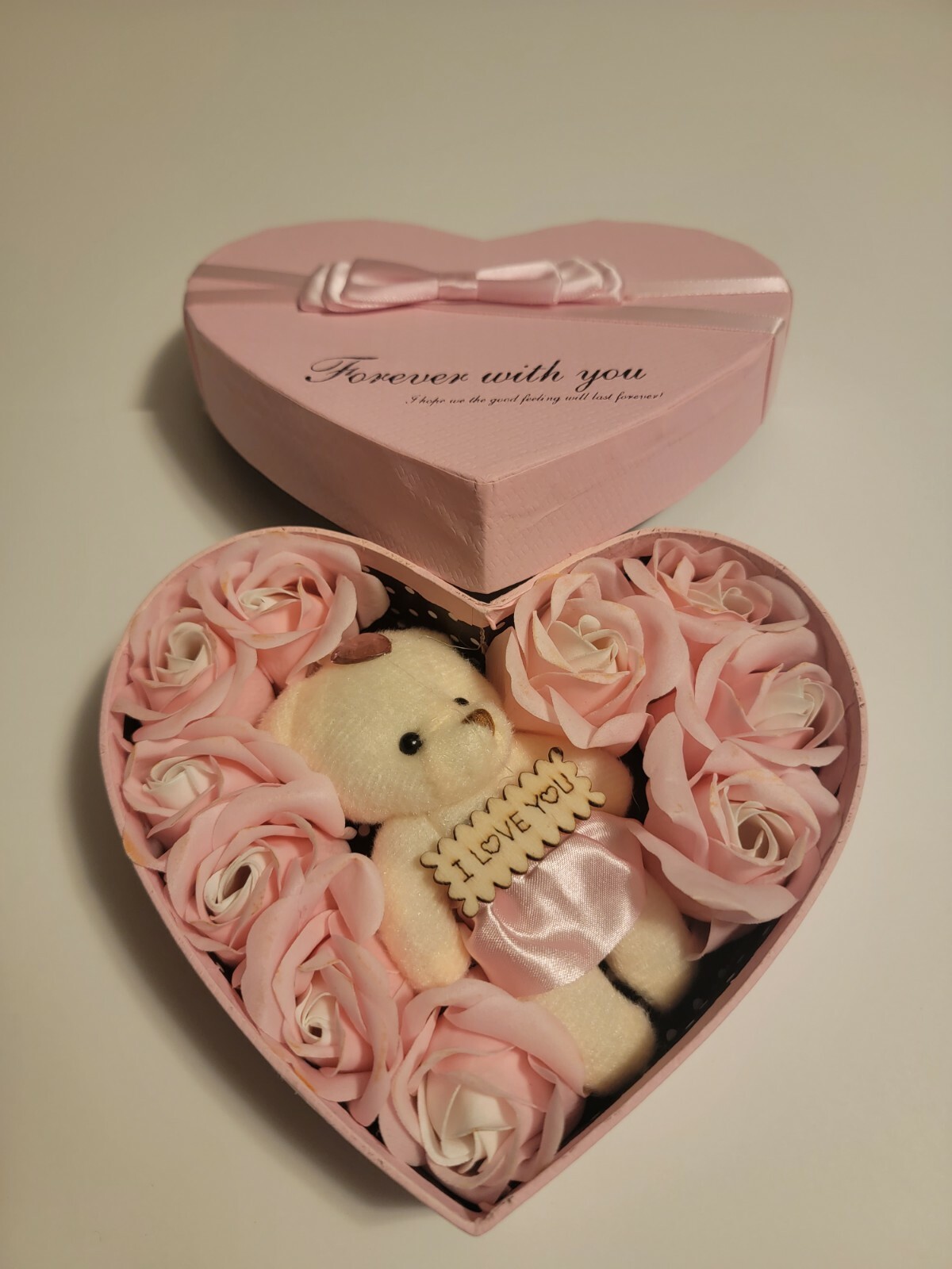Pink White Girlfriend Wife Woman Rose Flower Gift Box w/ Bear Bouquet