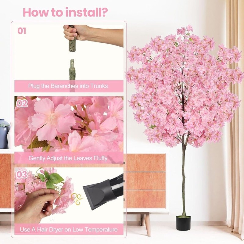 6Ft Cherry Blossom Artificial Tree Fake Pink Cherry Blossom Decorative Plant