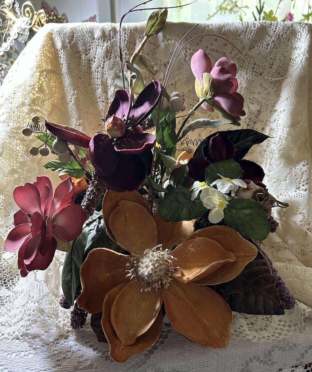 Exotic Artificial Floral Arrangement In A Porcelain Dish Made In Portugal