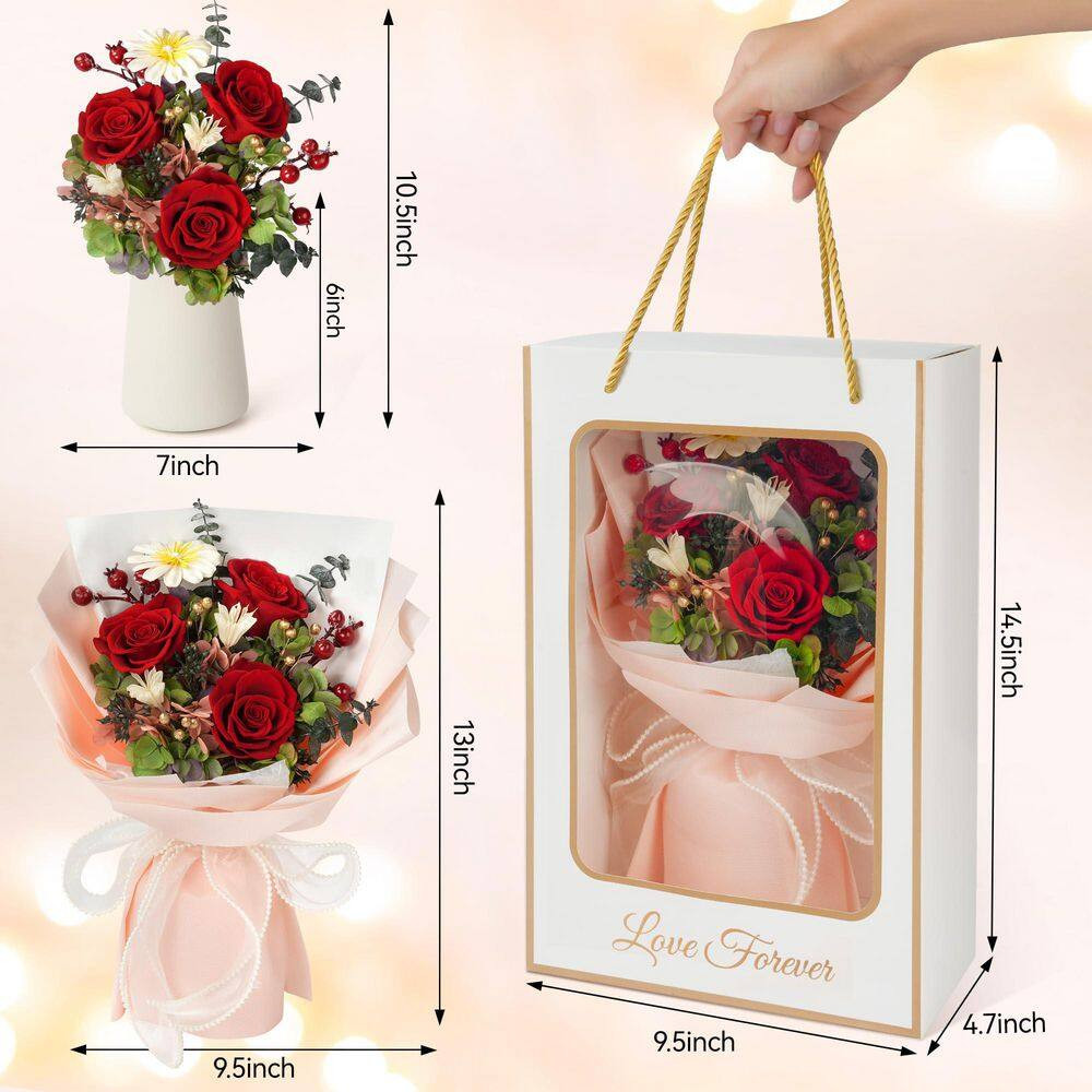13 In. Red Artificial Everlasting Rose Bouquet-Includes Gift Box and Greeting Ca