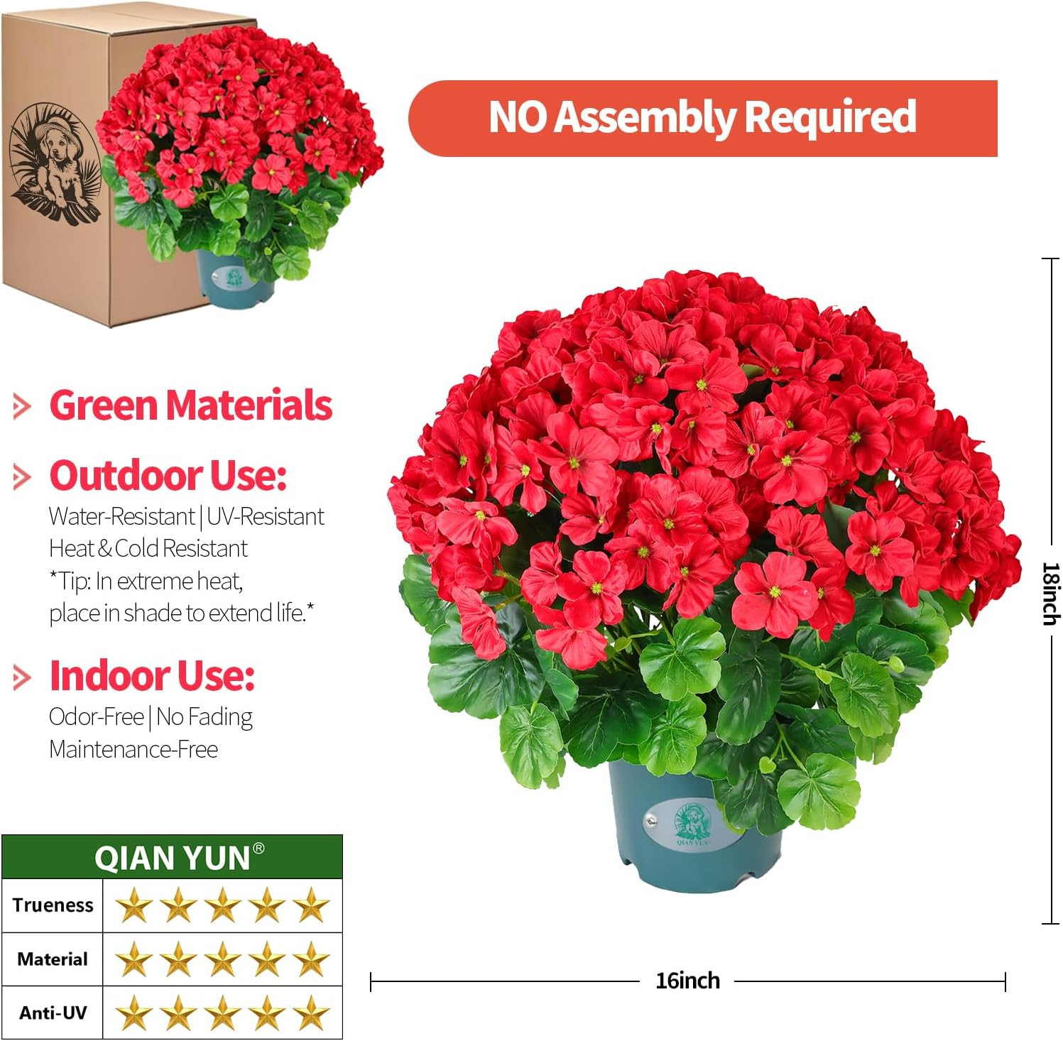 Realistic 18″ Deep Pink Geraniums – UV Resistant Faux Flowers for Home & Garden