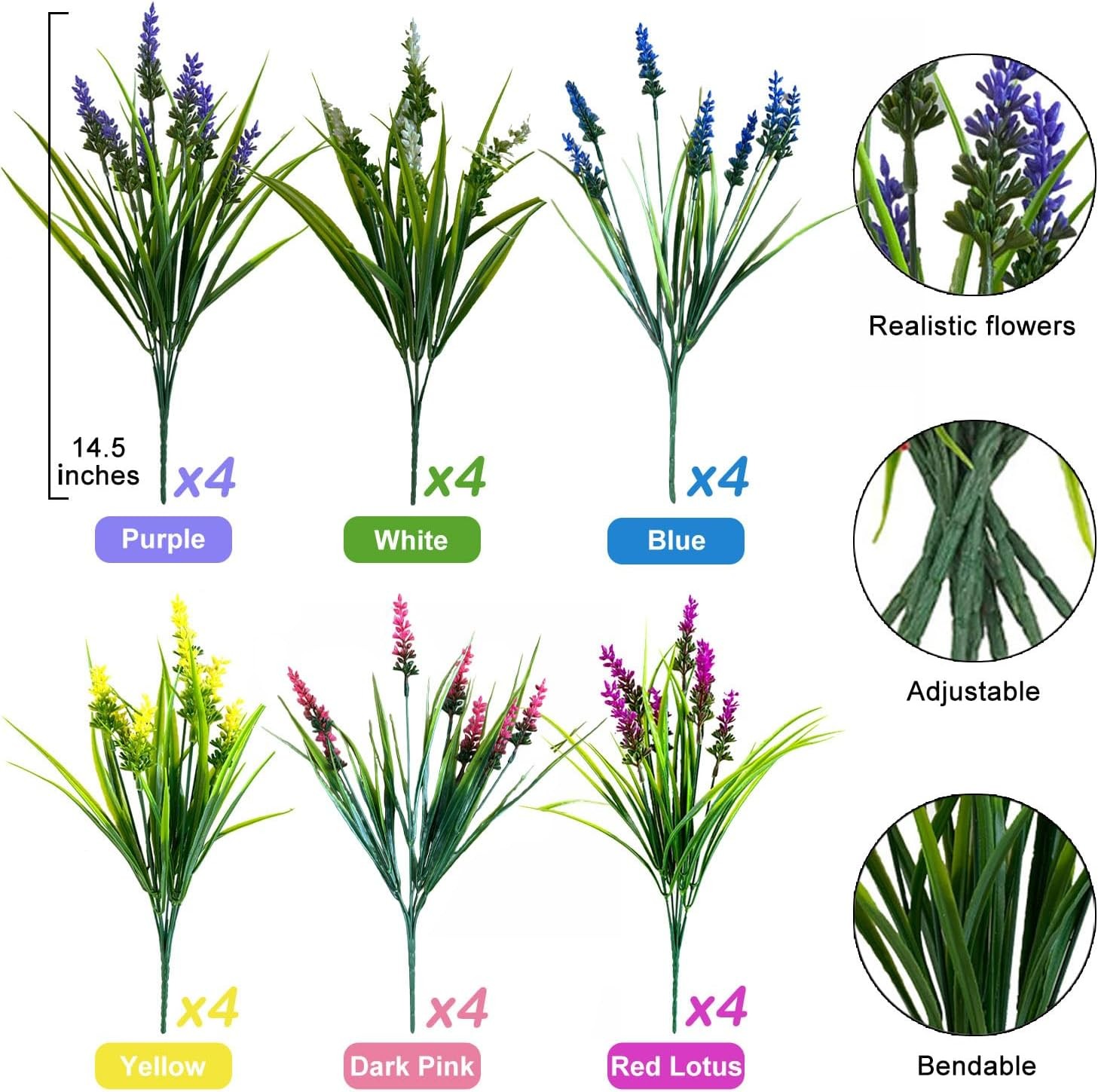 24-Stem Outdoor Artificial Flowers, 6-Color Fake Lavender Monkey Grass