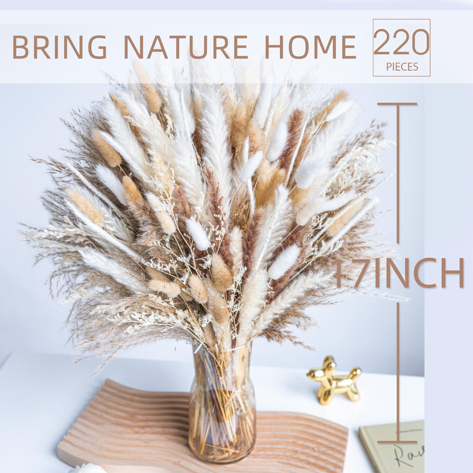 220PCS Dried Pampas Grass Bouquet – Boho Home Decor, Wedding Floral Arrangements
