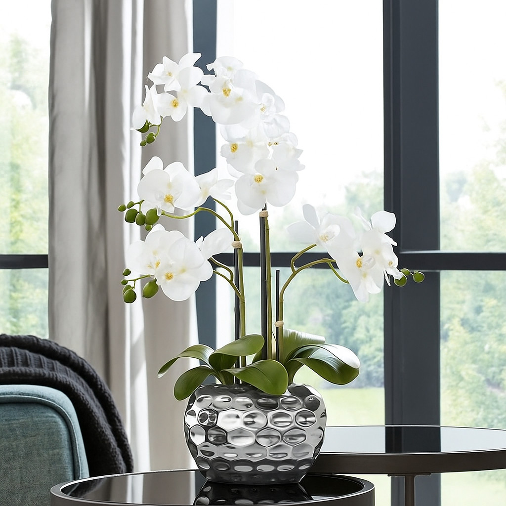Creativ green Potted Artificial Orchid Arrangement in Silver Pot, 23″ tall