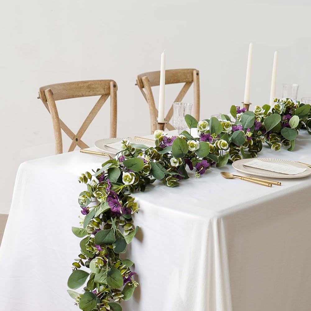 2Pack Eucalyptus Flower Garland with Violet 5.9Ft Artificial Ivy Greenery Han…