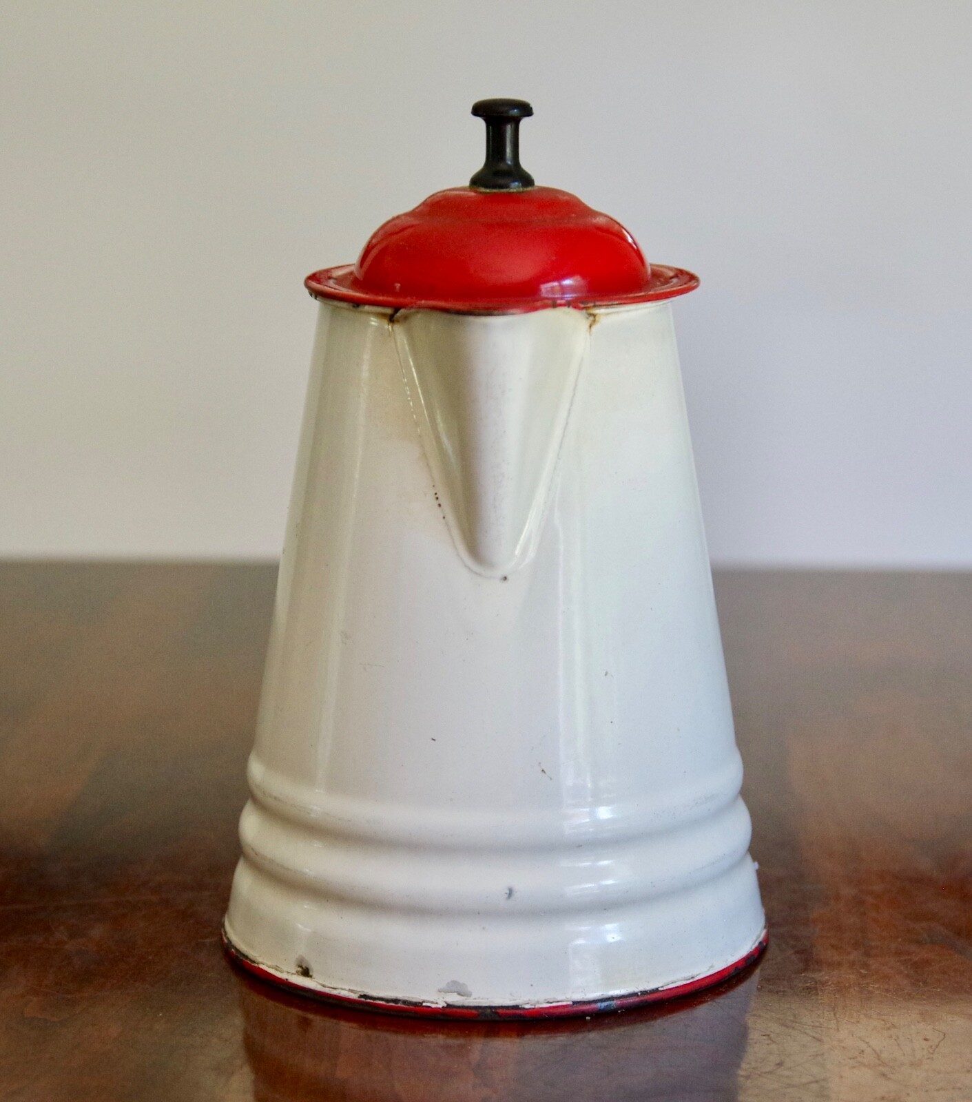 Silk Red and Purple Arrangement in Vintage Enamel Red & White Cowboy Coffee Pot