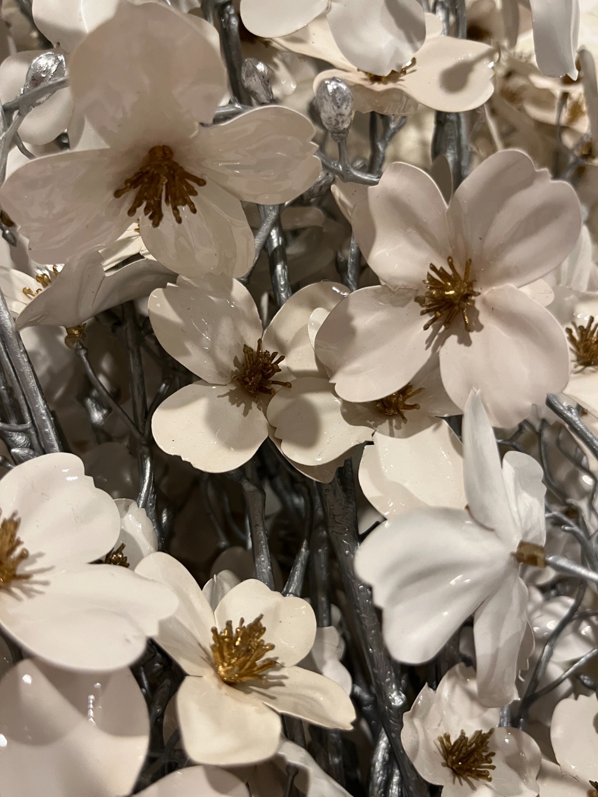 White Gloss Flowers with Gold Center on Silver Stem – 42” Faux Floral Stem