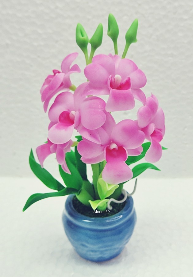 US Stock 4″H Handmade Air-Dry-Clay Miniature Dendrobium Orchid Arranged in Pot