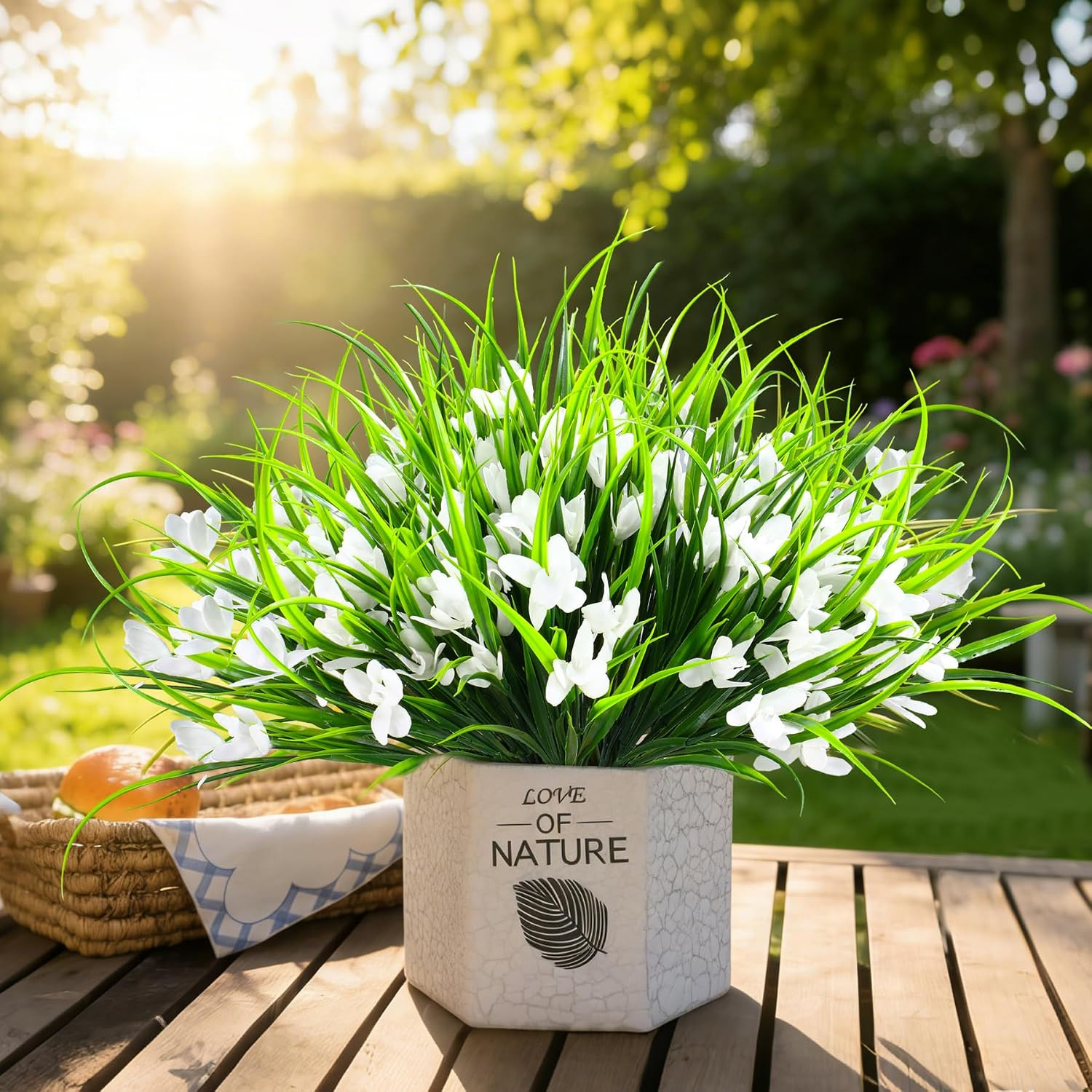 16 Bundles UV Resistant Fake Monkey Grass Flowers for Outdoor Planters, White