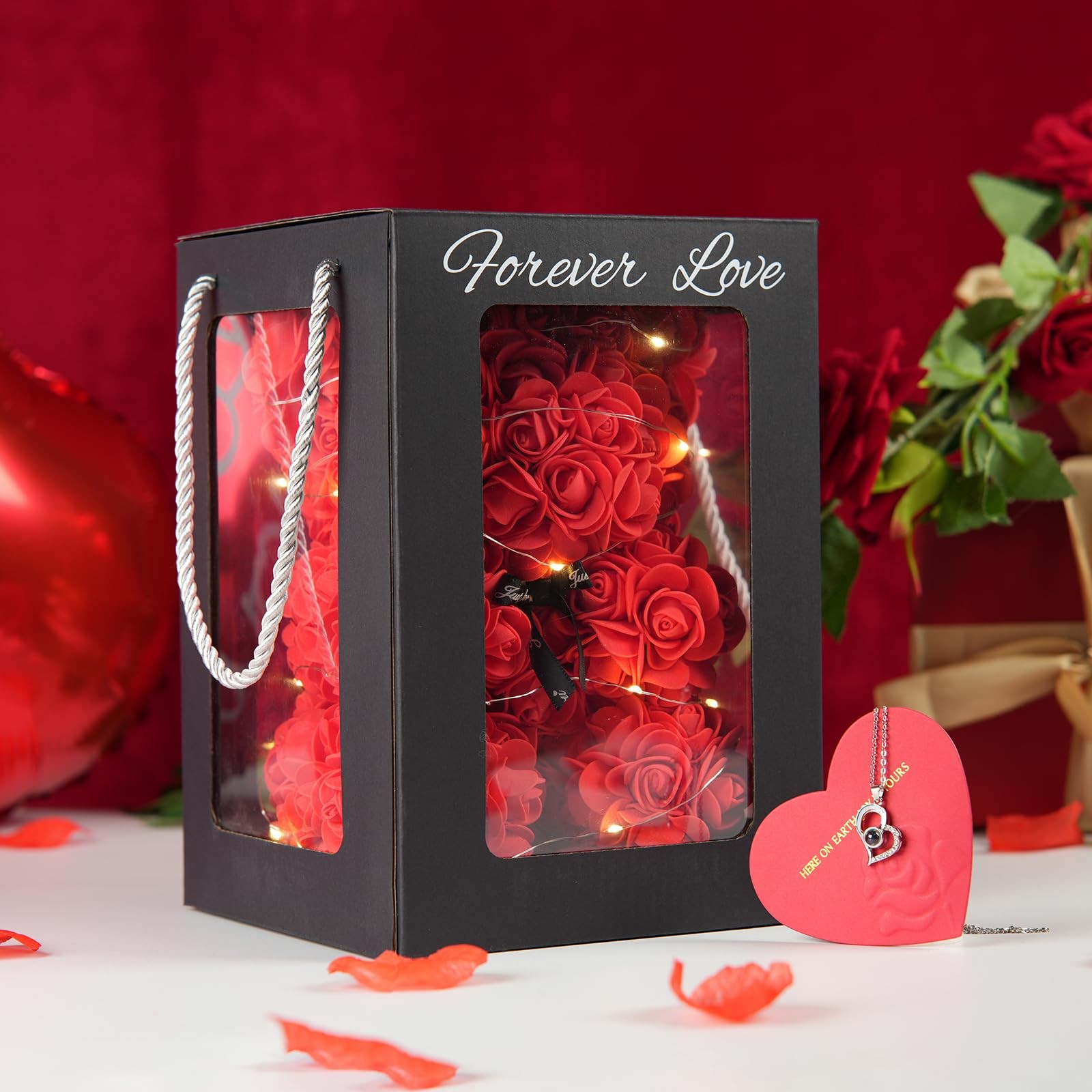 Rose Bear 10 Inch Red Flower Teddy Bear with Lights Box I Love You Necklace C…