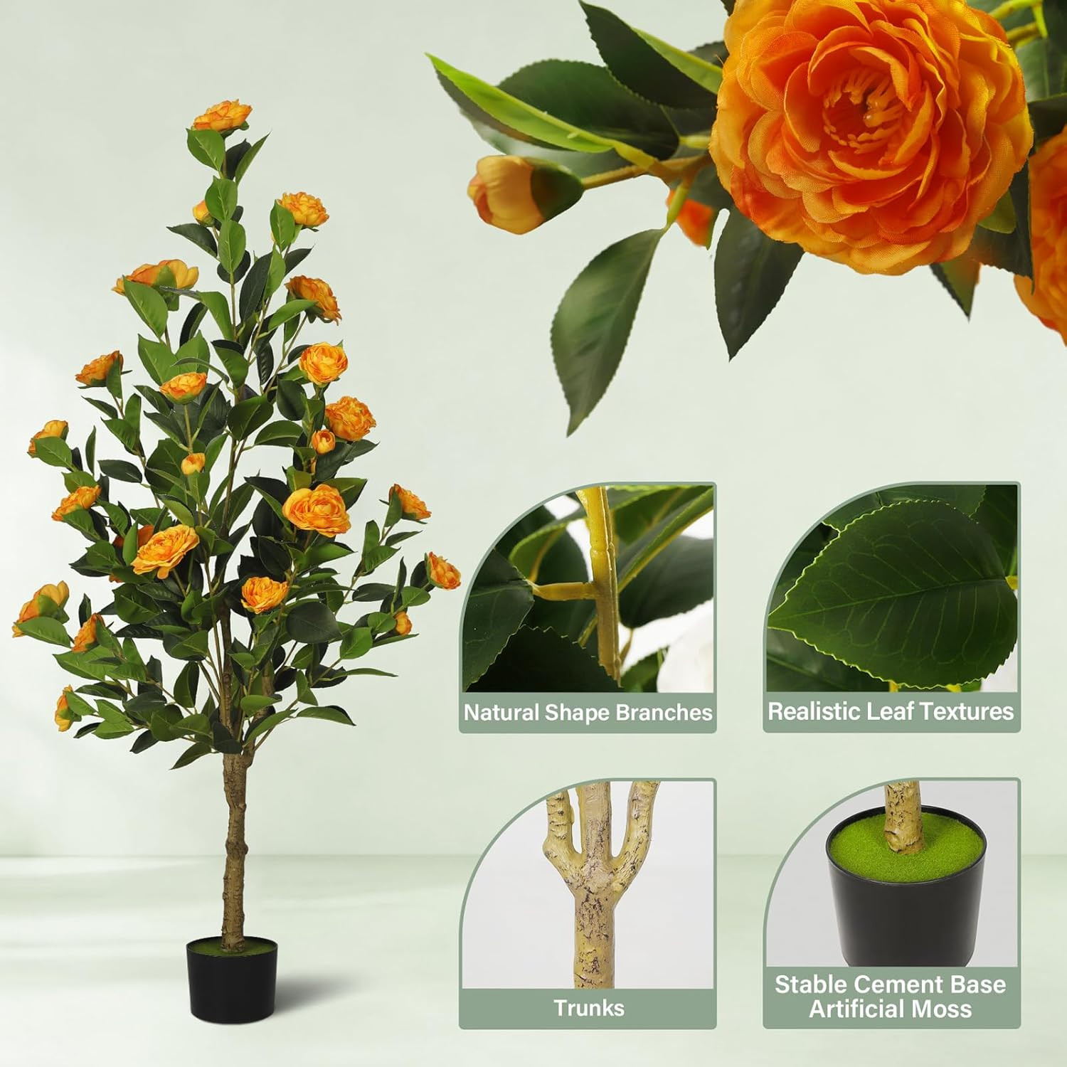 2-Pack 4FT Orange Artificial Camellia Trees for Home & Wedding Decor