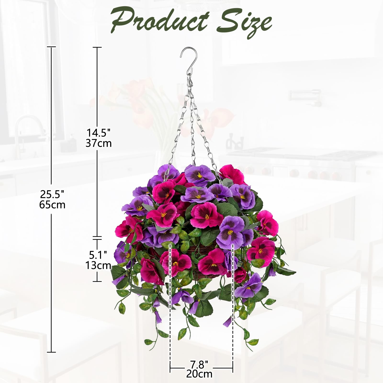 Artificial Hanging Basket Pansy Flowers Outdoor – 25.5” UV-Resistant Hot Pink…