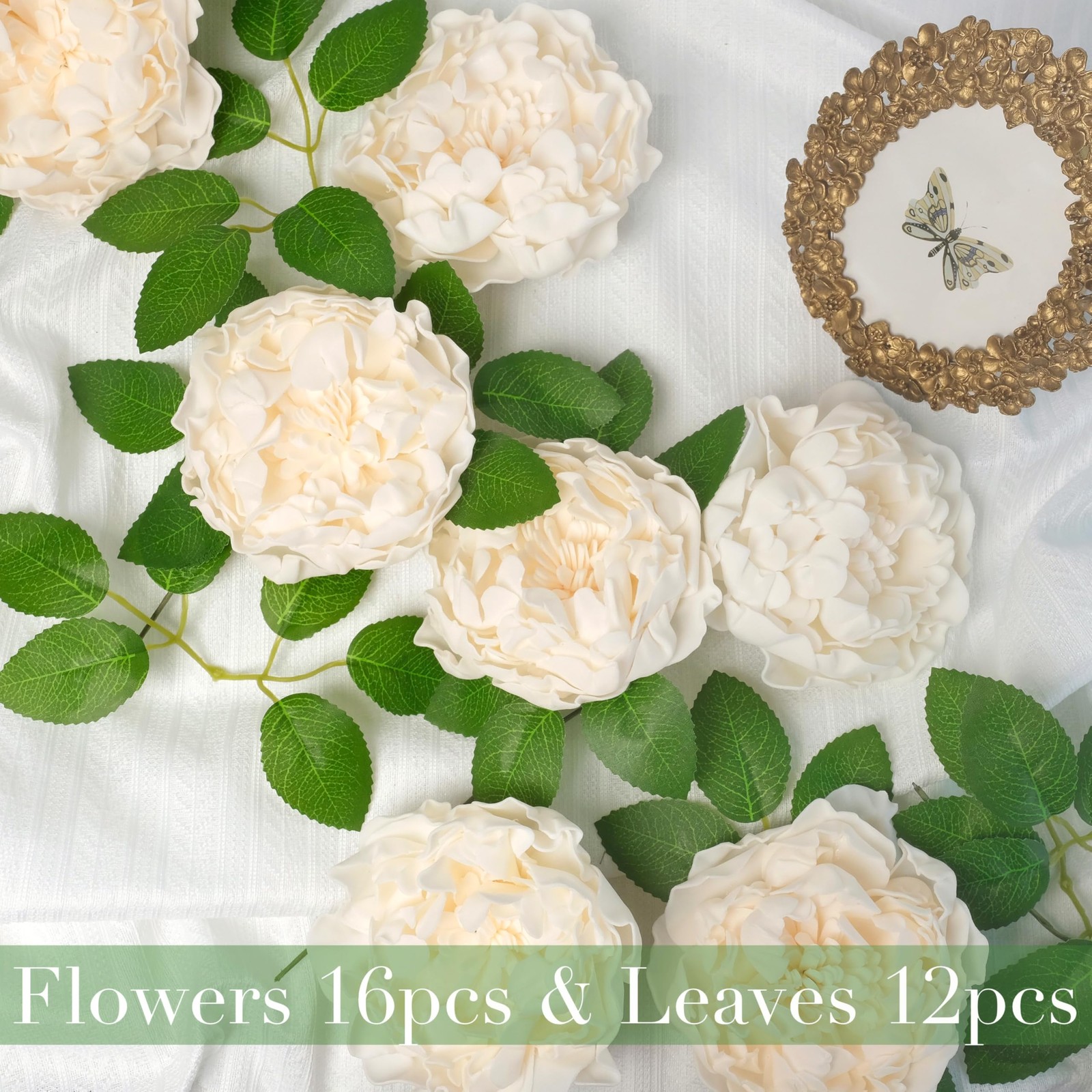16pcs 4″ Peonies Artificial Flowers Bulk, Cream Fake Peony Foam Flowers, Silk…