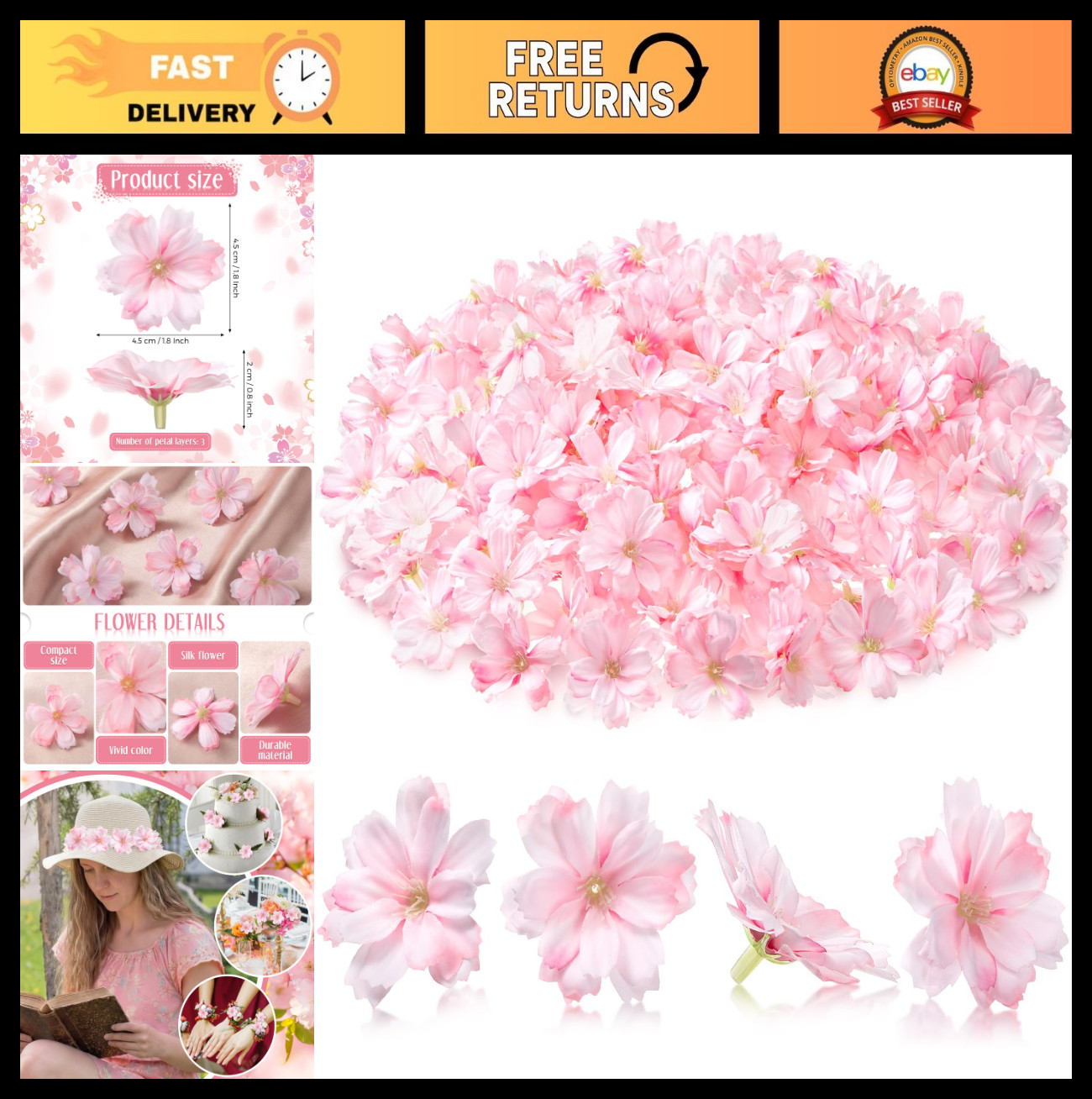 200 Mini Faux Cherry Blossom Flower Heads for Crafts & Decor – Pink Silk Flowers