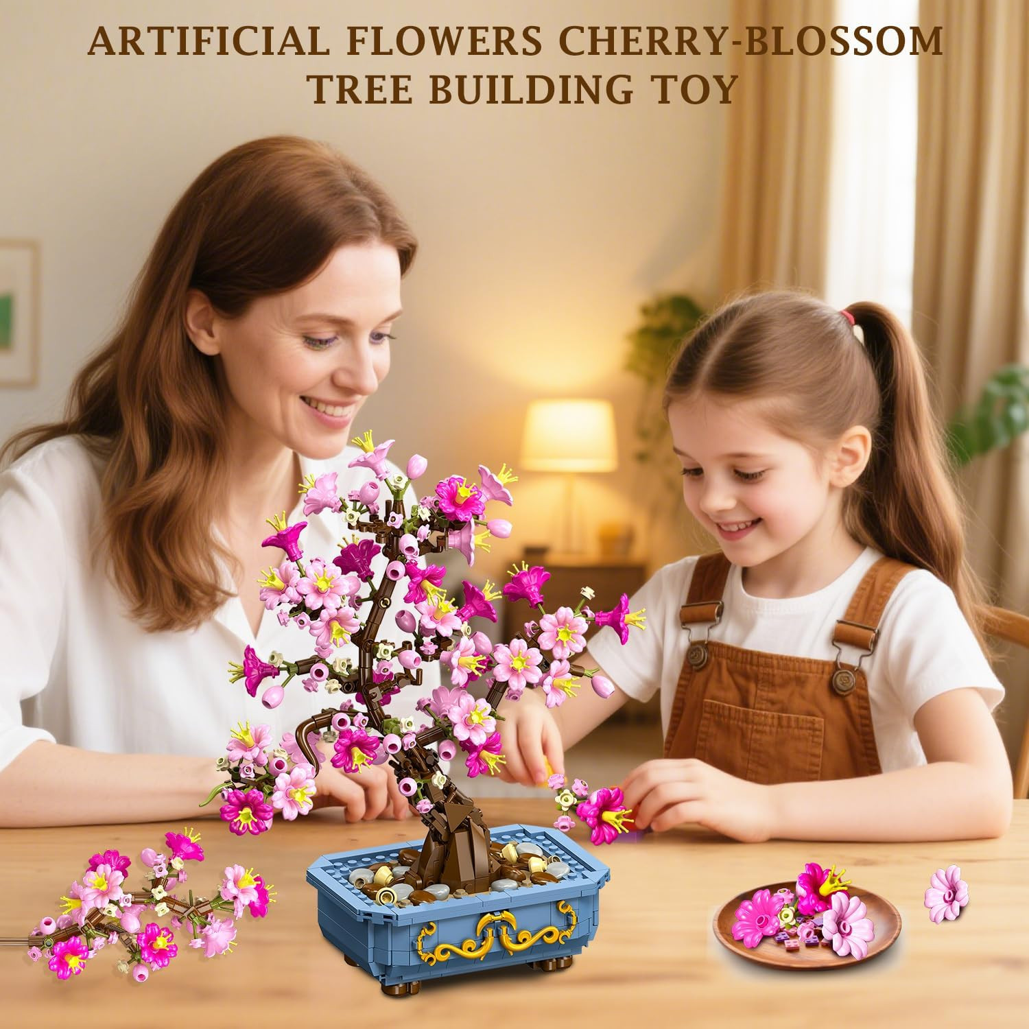Flowers Cherry-Blossom Bonsai Building Set – 2 in 1 Artificial Bonsai Tree Plant