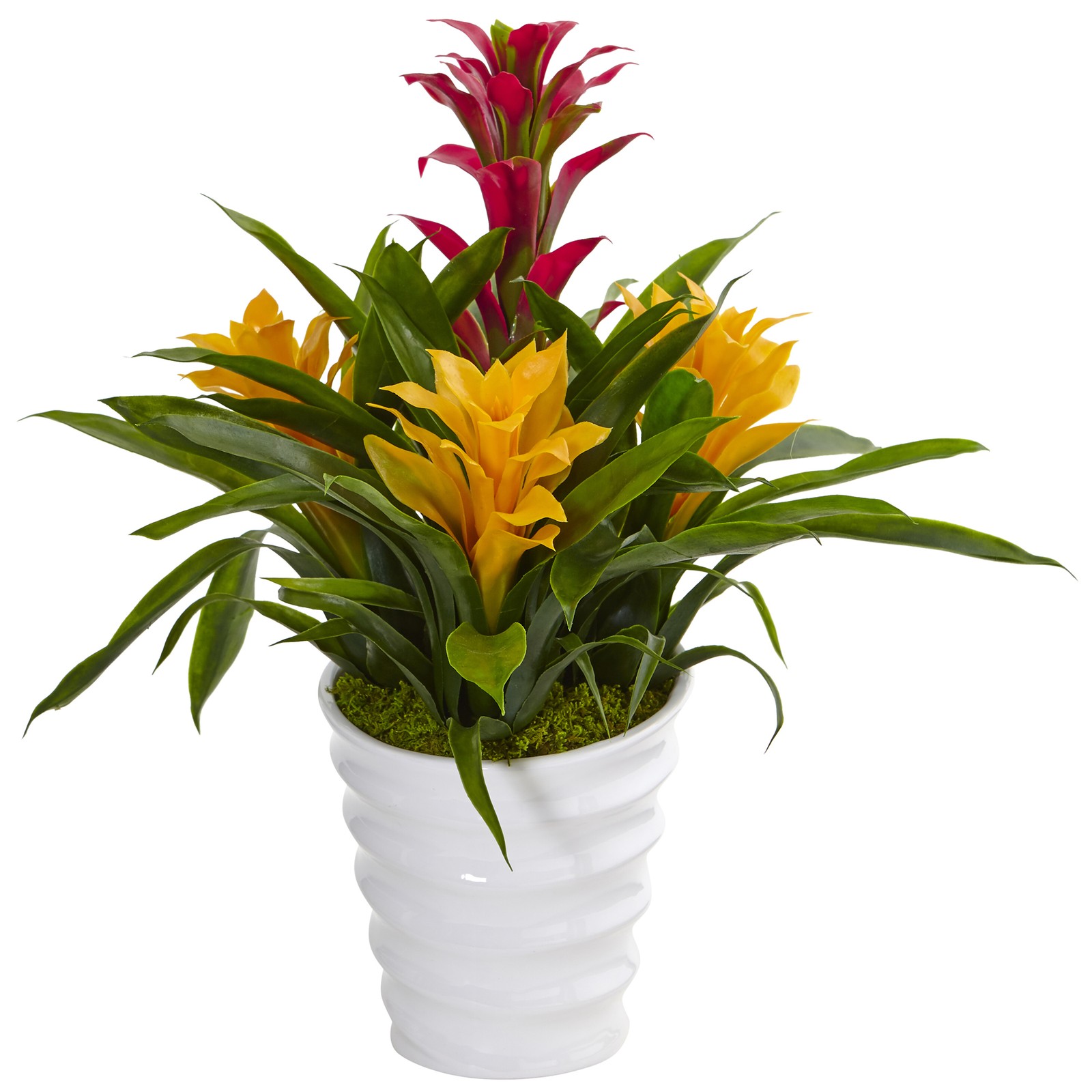 Bromeliad In White Swirl Vase faux Plant Natural Centerpiece