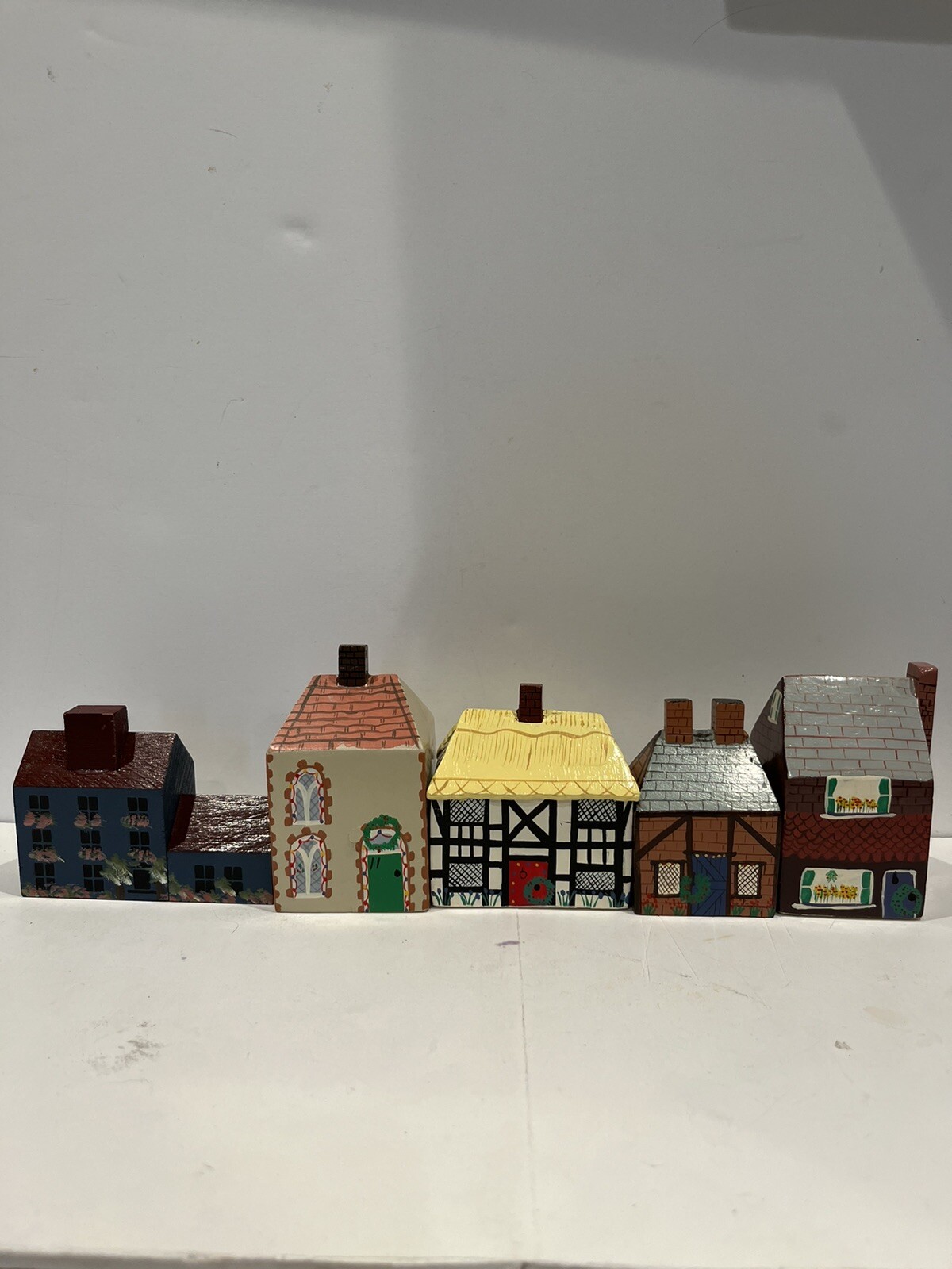 5pc Pier One Imports Handpainted Wood Block Miniature Houses Display Home Decor