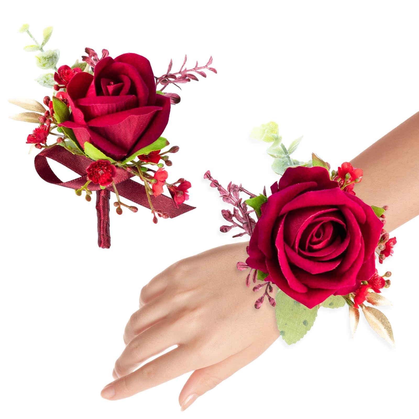 Burgundy Corsage And Boutonniere Set Artificial Rose Groom Mother Bride Pro