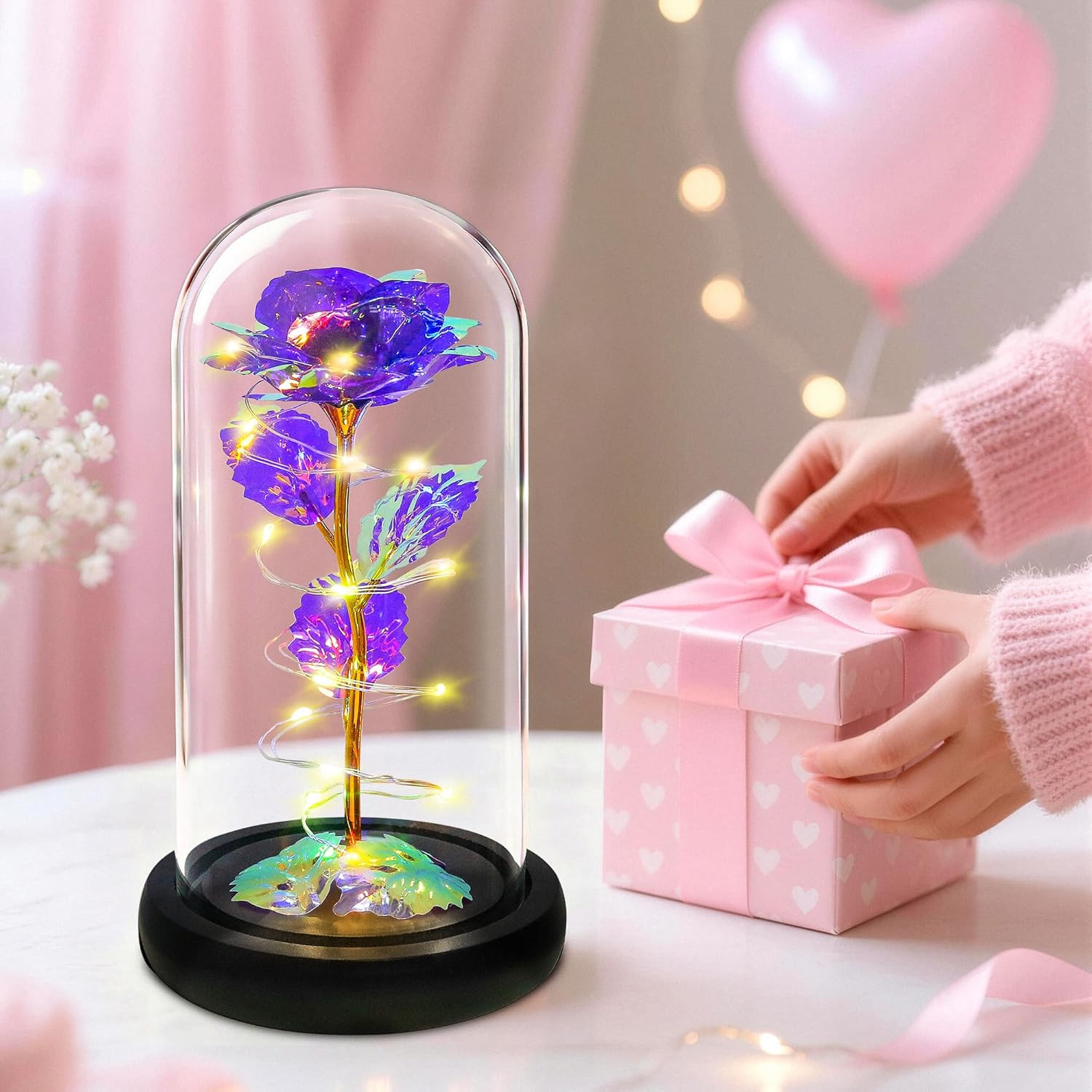 LED Purple Rose Glass Dome Gift for Her Birthday Anniversary Decor Light