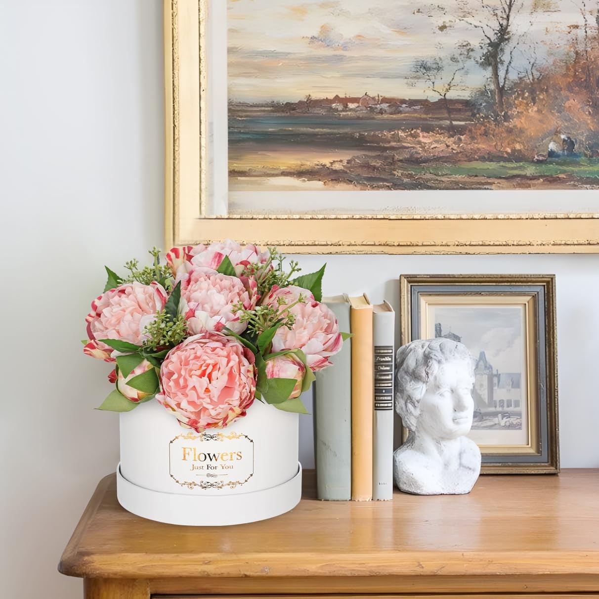 Pink Peonies Artificial Flowers in Vase Round Gift Boxes Fake Arrangements