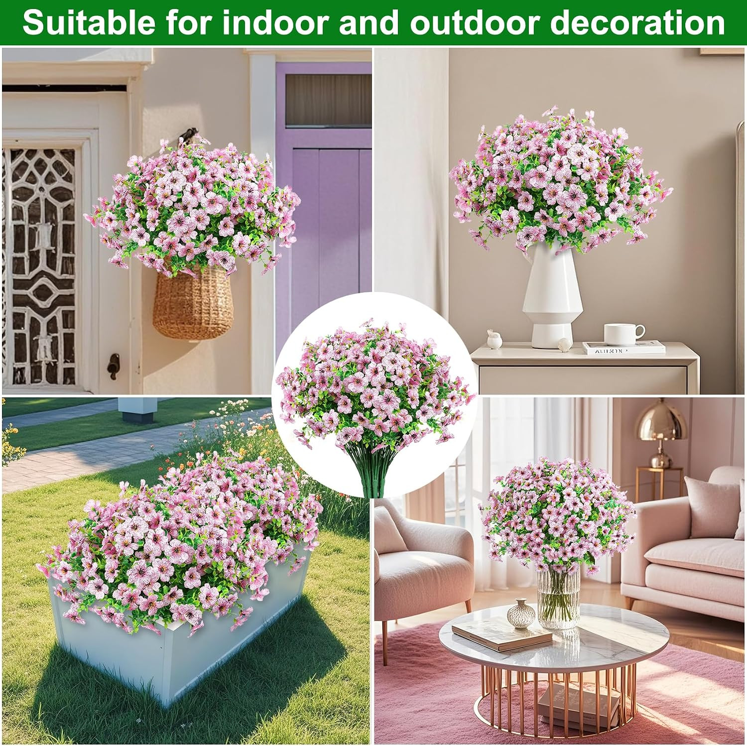 12 Bundles Artificial Flowers for Outdoors, UV Resistant, Pink
