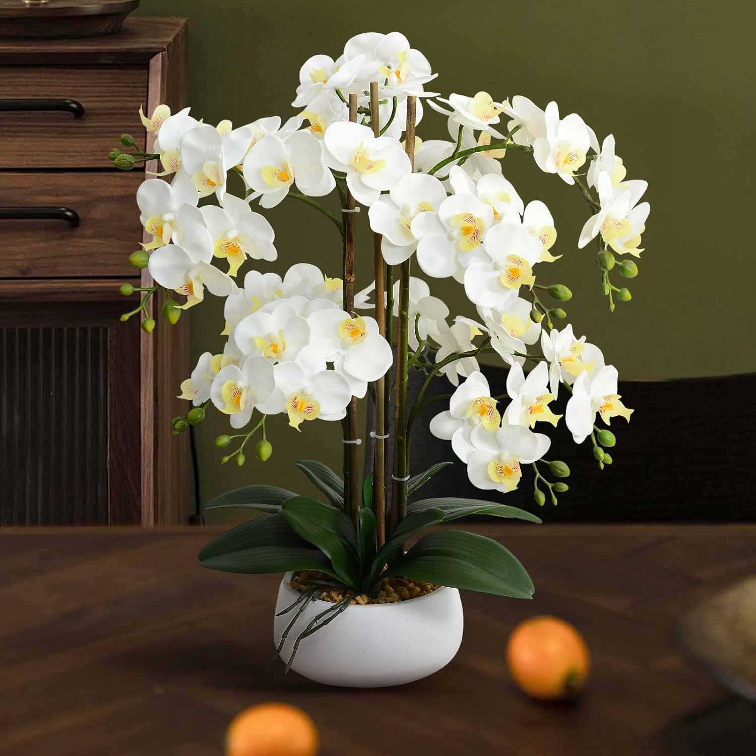 Realistic White Orchid Arrangement in Ceramic Pot for Home Decor