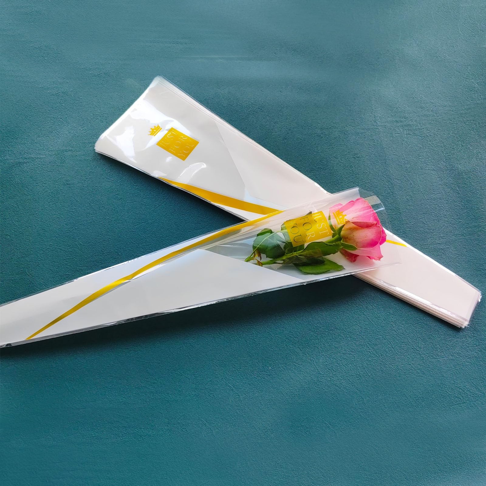 50 Pcs Clear Single Rose Sleeves Flower Bouquet Packaging Bags Plastic White