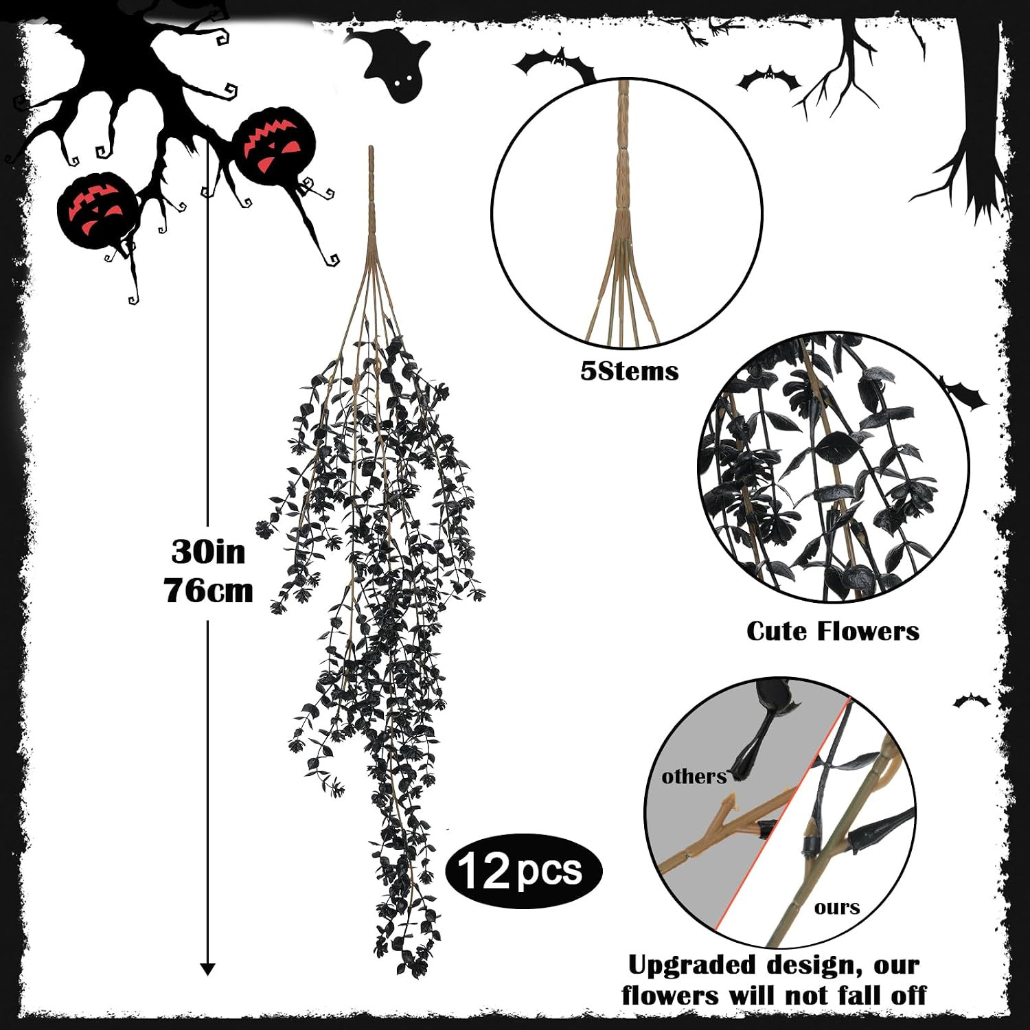 12Pcs Black Hanging Flowers Artificial for Halloween Gothic Decor | Black Hangin