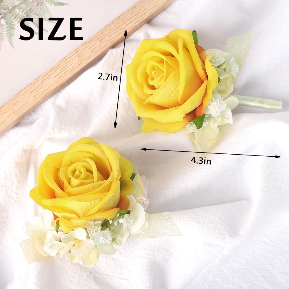 Yellow Rose Corsage Wristlet Boutonniere Set Artificial Flowers Prom 1 PCS