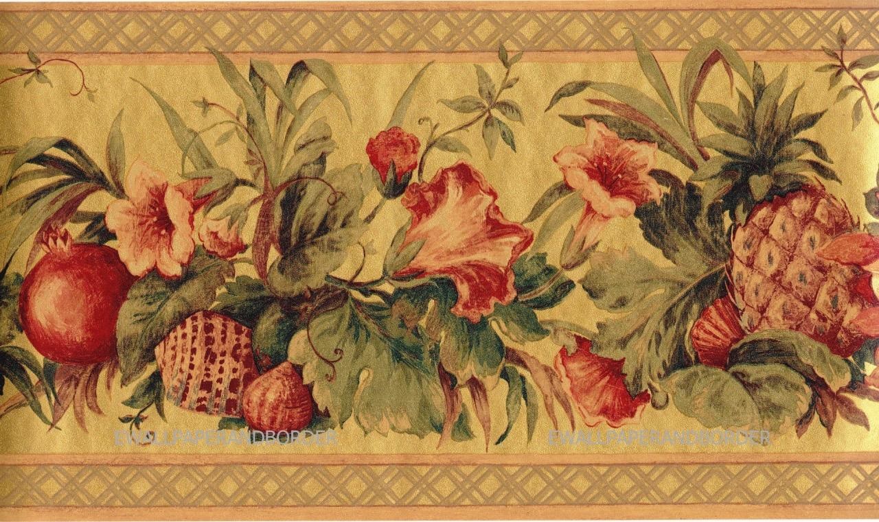 Tuscan Tuscany Kitchen Fruits and Floral with Thatch Trim Wallpaper Border -Gold