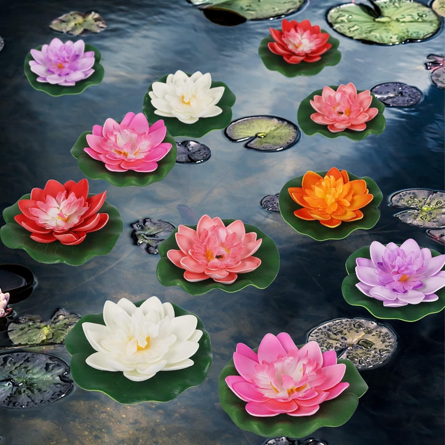 12Pcs Colorful Floating Foam Lotus Flowers & Lily Pads for Garden Decor