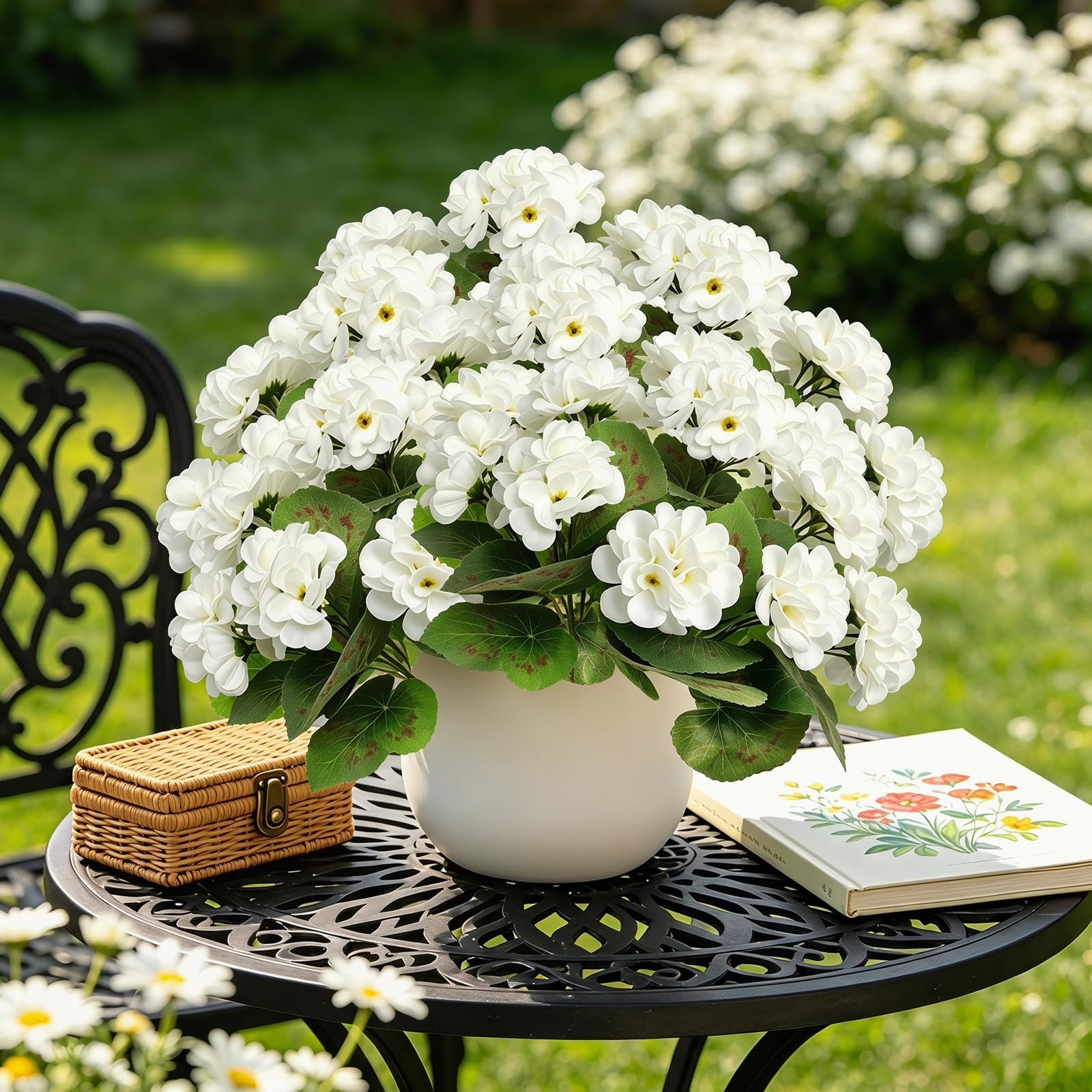 6 Bundles Artificial Geranium White Fake Flowers Simulation Plant Man Made Ge…
