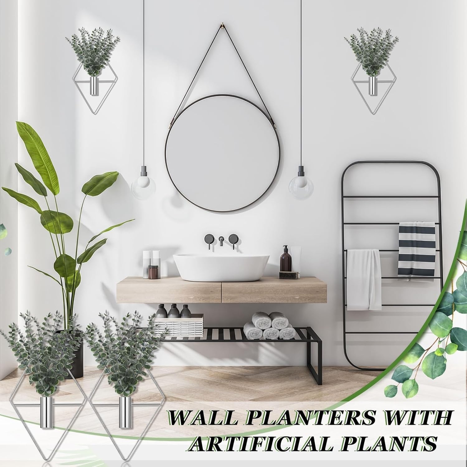 4 Pcs Hanging Planters with Artificial Eucalyptus Chrome Silver Wall Decor Metal