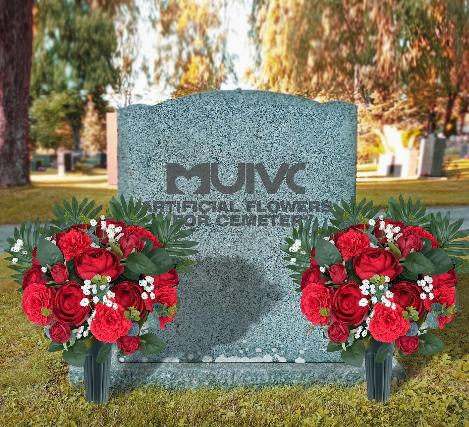 Artificial Cemetery Flowers with Vase for Grave Decorations,Rose Camellia Car…