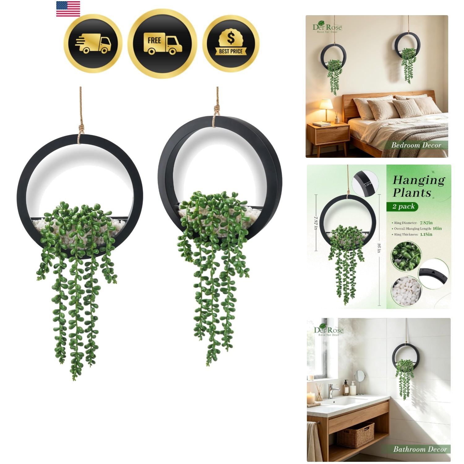 2 Pack Fake Plants Hanging Artificial Succulents Plants in Black Pots for Liv…