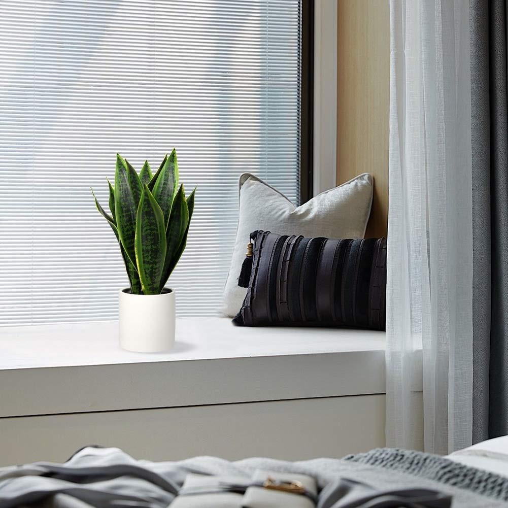 Fake Snake Plant 16″ Faux Potted Plant Artificial Snake Plant with White Cera…