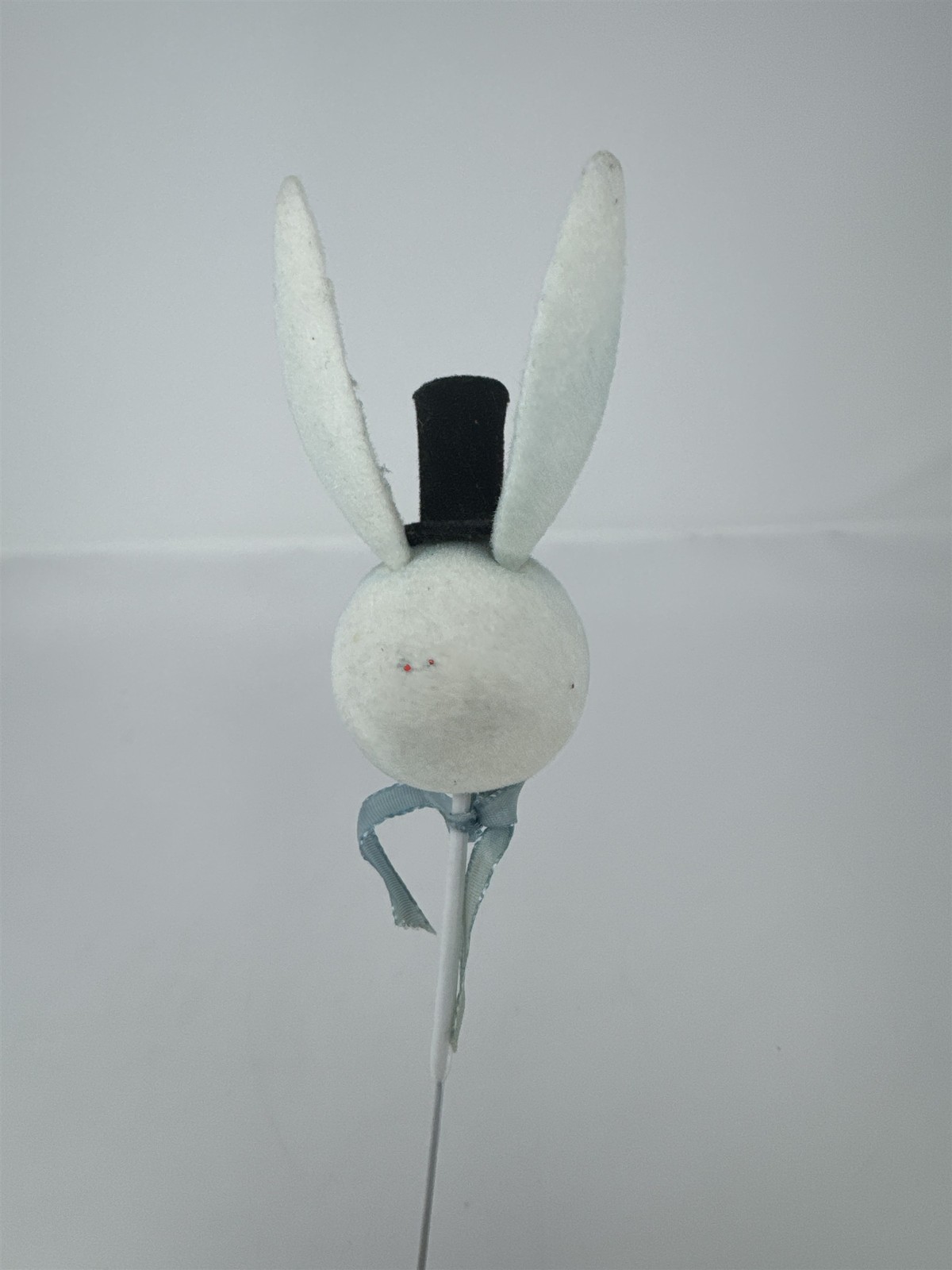 Vtg Easter Flocked Bunny Head Floral Pick Top Hat Blue Ribbon Felt Rabbit 11″