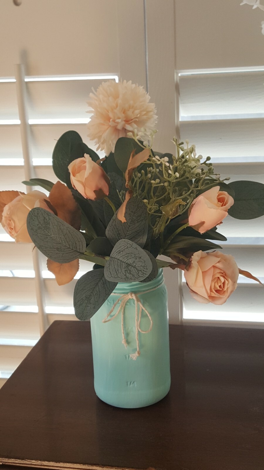Elegant Rustic FarmHouse Decor Florwer Arrangement Painted Mint Green Mason Jar