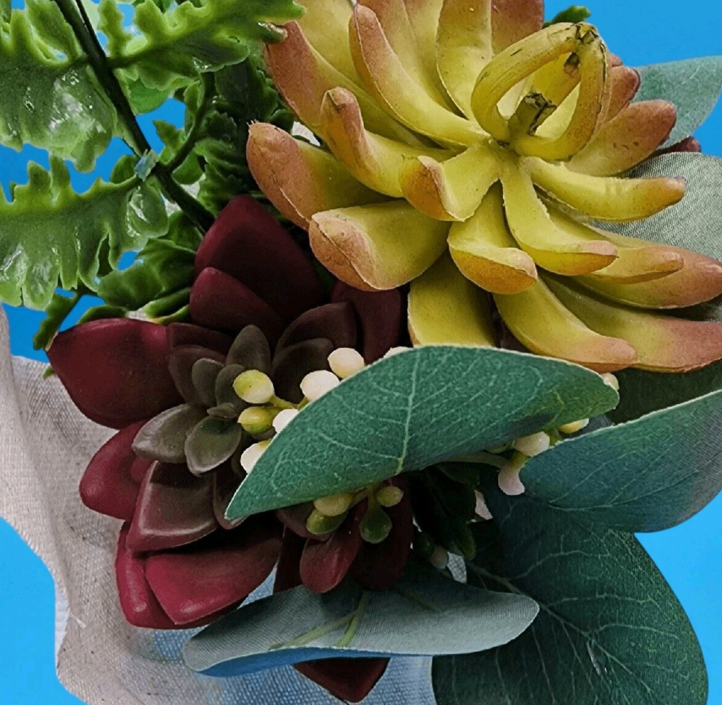 Artificial Green & Red Succulent Floral Bouquet Berry Eucalyptus Cloth Wrapped