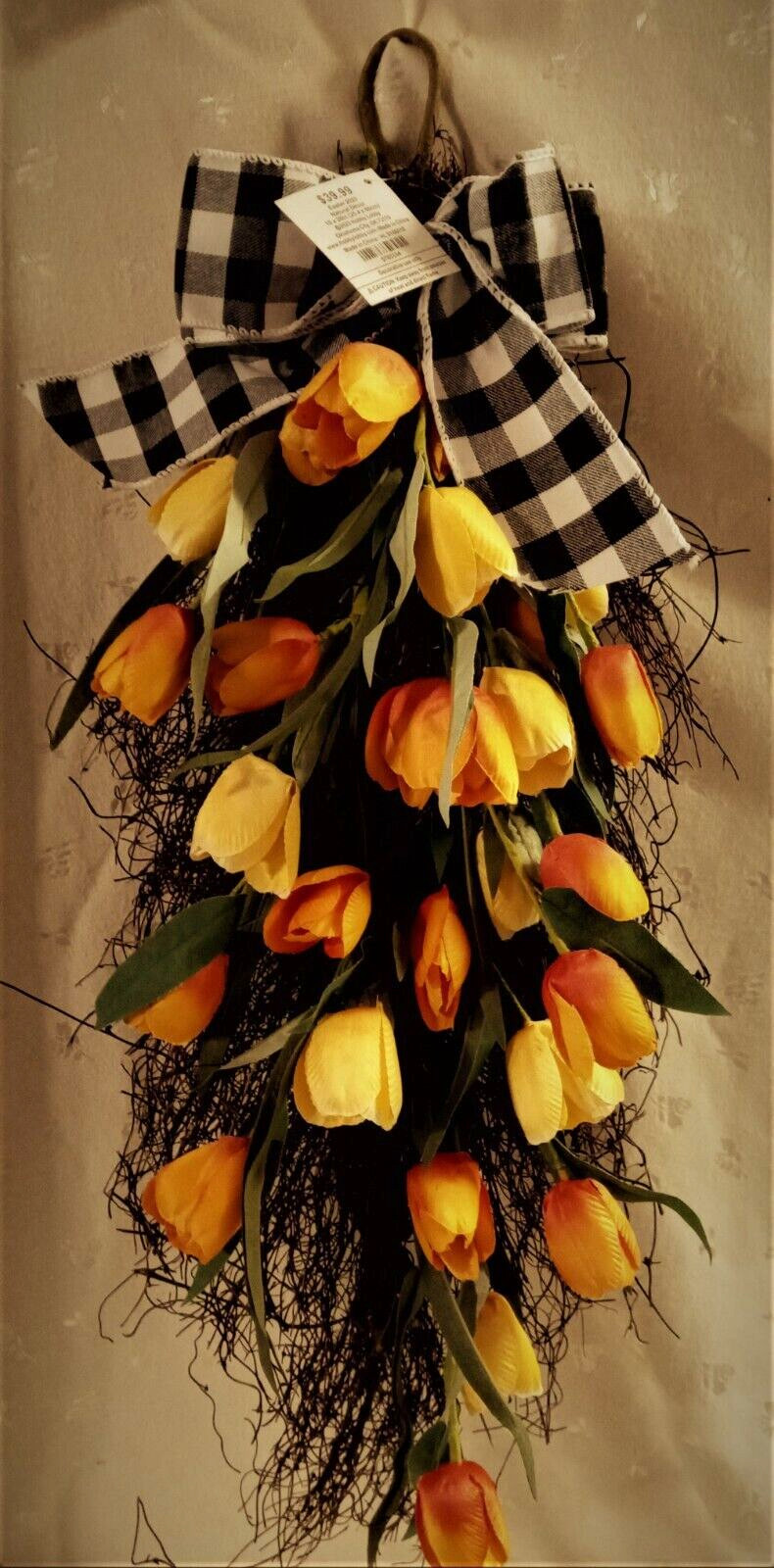 NWT 27″T Grapevine Teardrop – Blk & White Bow Atop Yellow & Orange Tulips