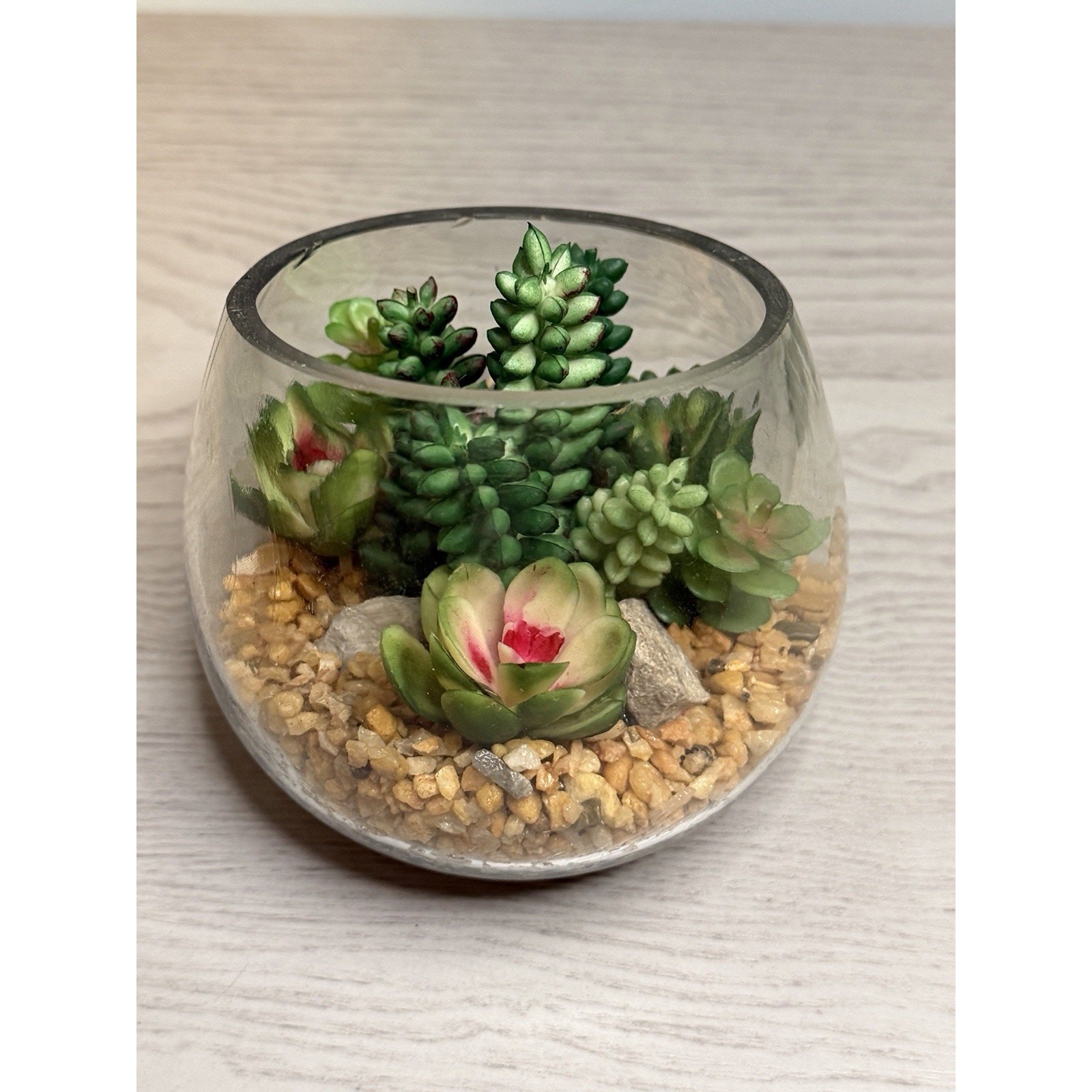 Faux Succulent Terrarium Bowl • Glass Cactus Arrangement • Tabletop Home Decor