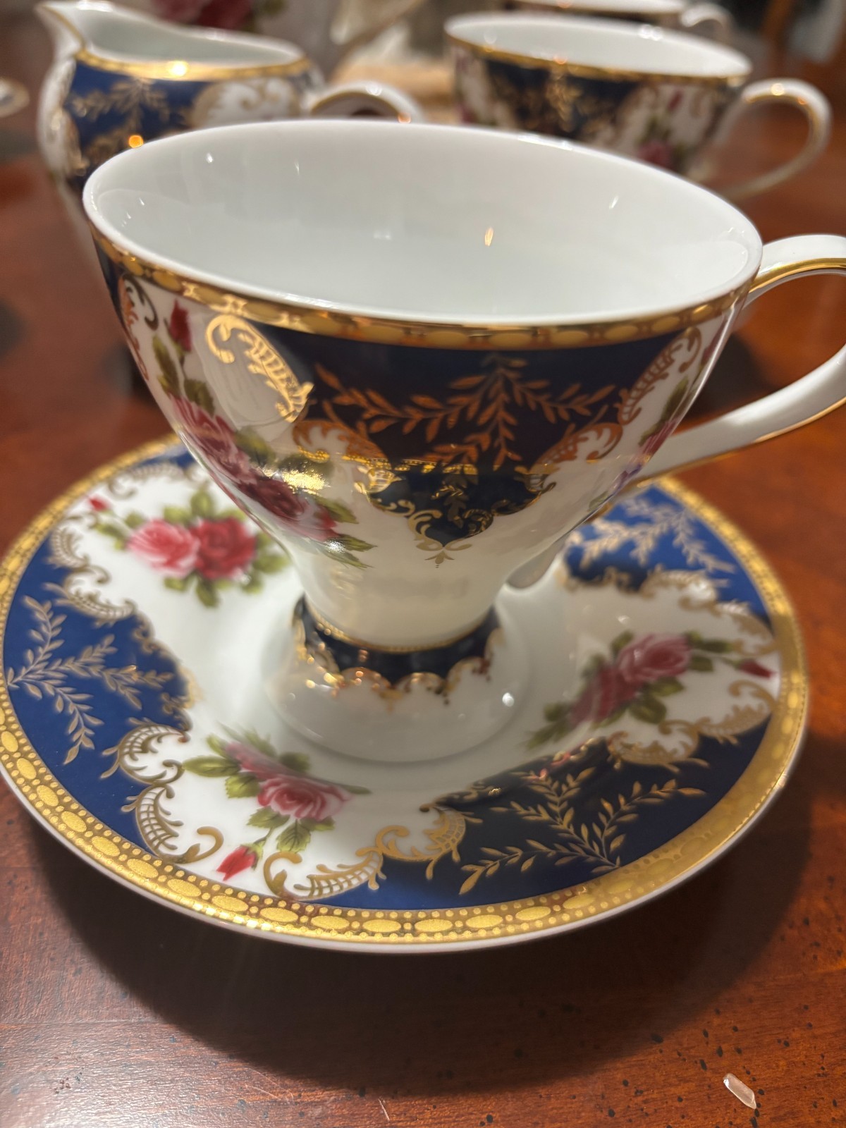 Sorelle Fine Porcelain Hand Crafted dark blue gold pink tea set 17 pcs