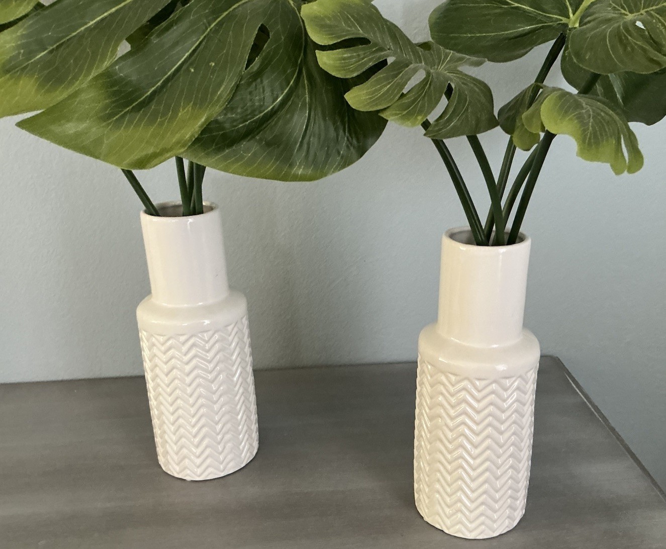 Pair of Artificial Indoor Green Monster Leaf Plant In White Ceramic Pot/Vase 26’