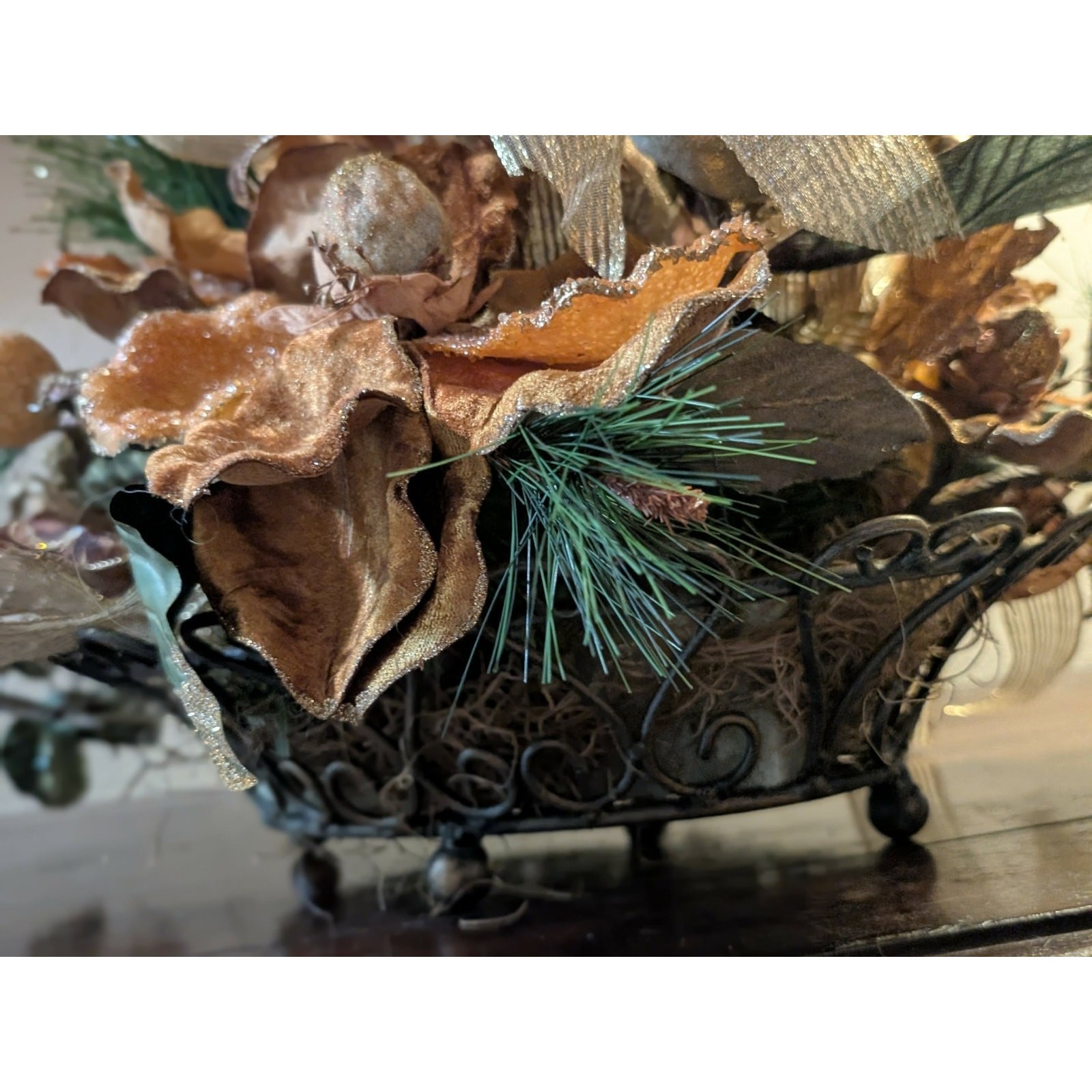 Rust Tan Gold Floral Autumn Fall Thanksgiving Centerpiece Pheasant Feathers