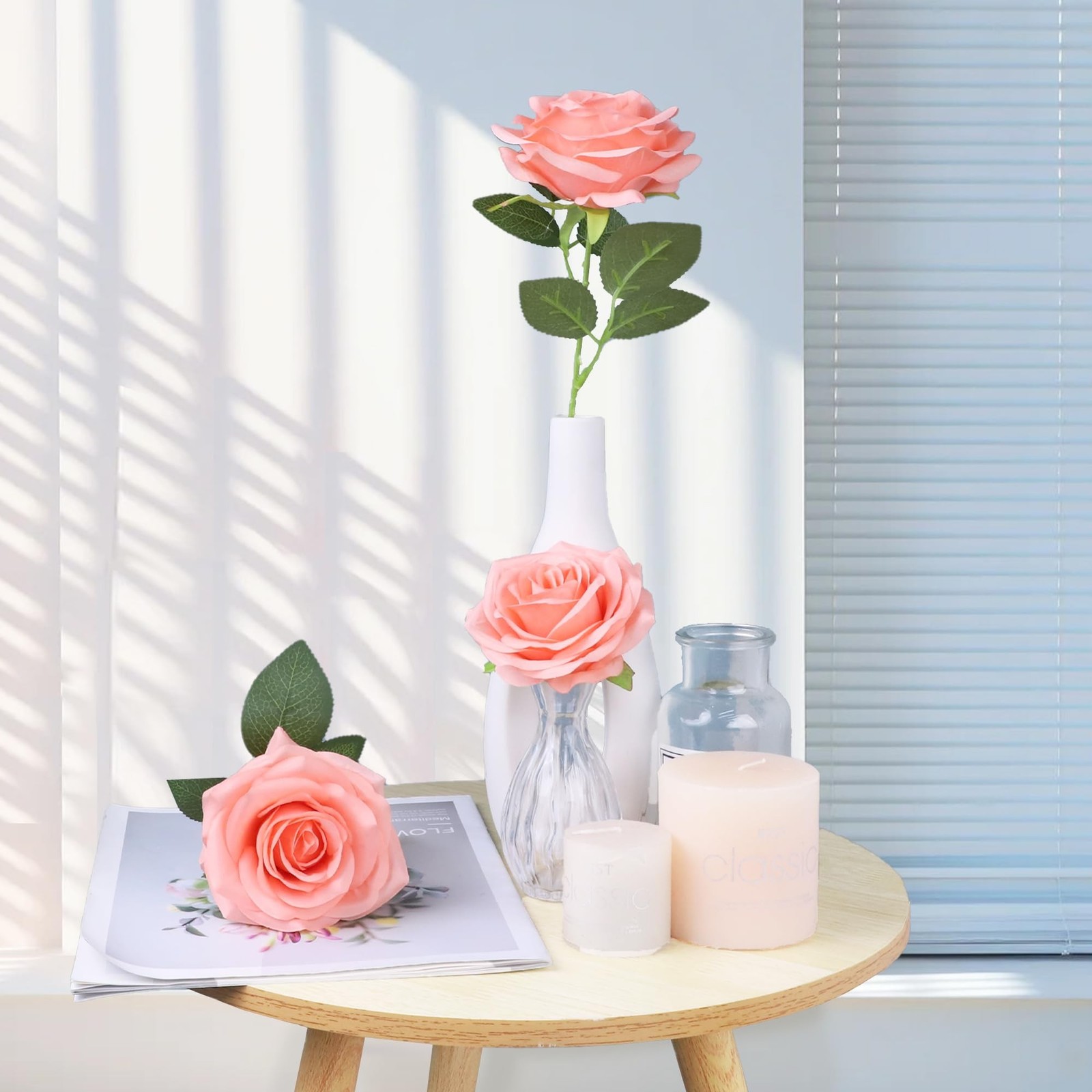 NEVISI 50Pcs Coral Peach Silk Roses with Stems Artificial Flowers